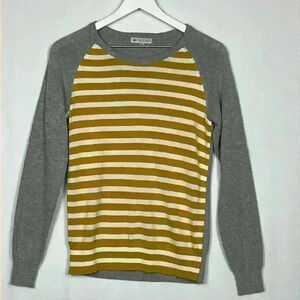 DE Collection Womens Sweater Gray/Gold M Stripes Crew Pullover Elbow Patches EUC